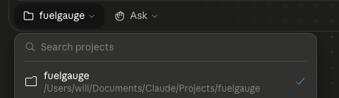 Cowork project picker showing a connected folder under Documents / Claude / Projects